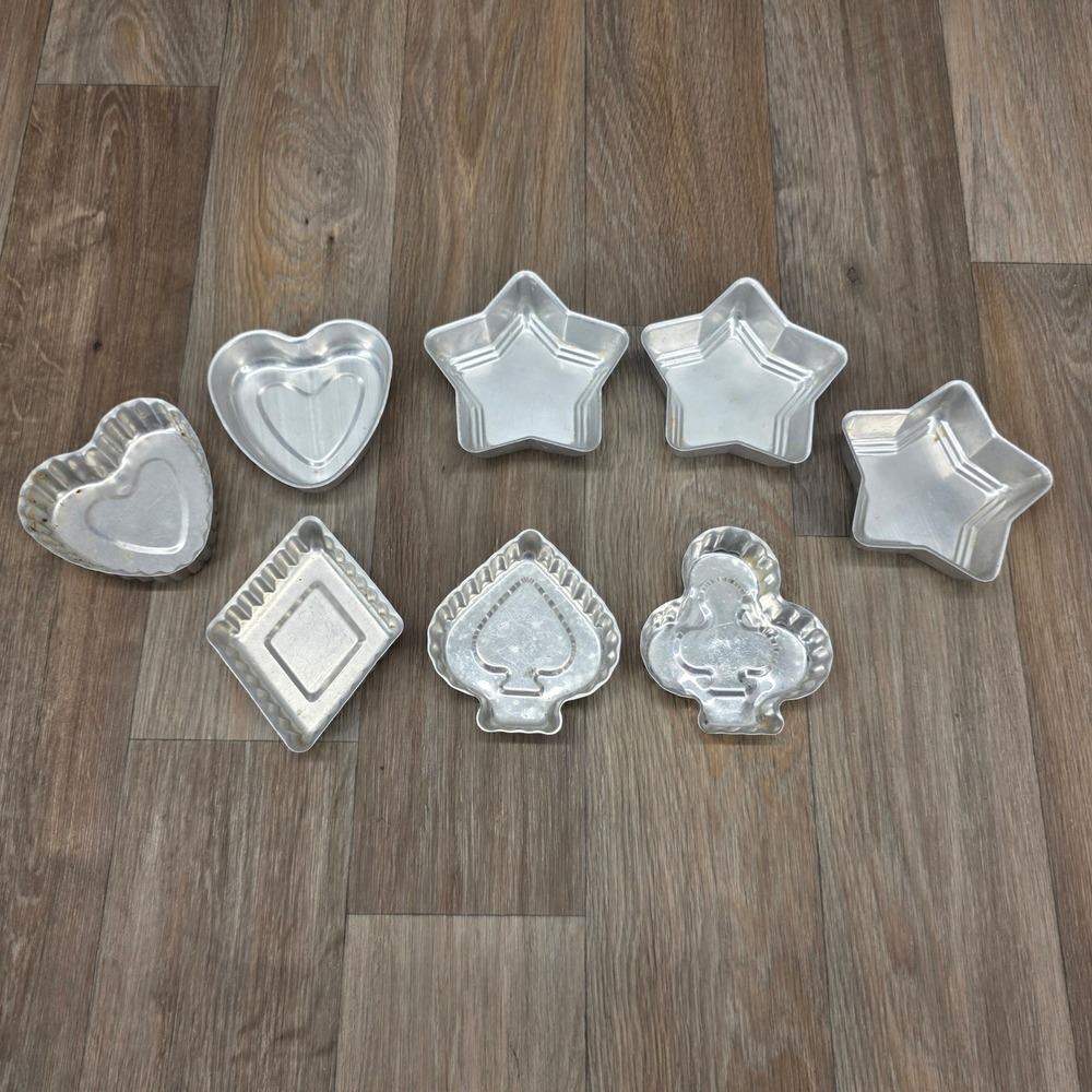 Vintage Aluminum Mini Cake Jello Molds Stars Hearts Playing Card Suits Set‎ of 8